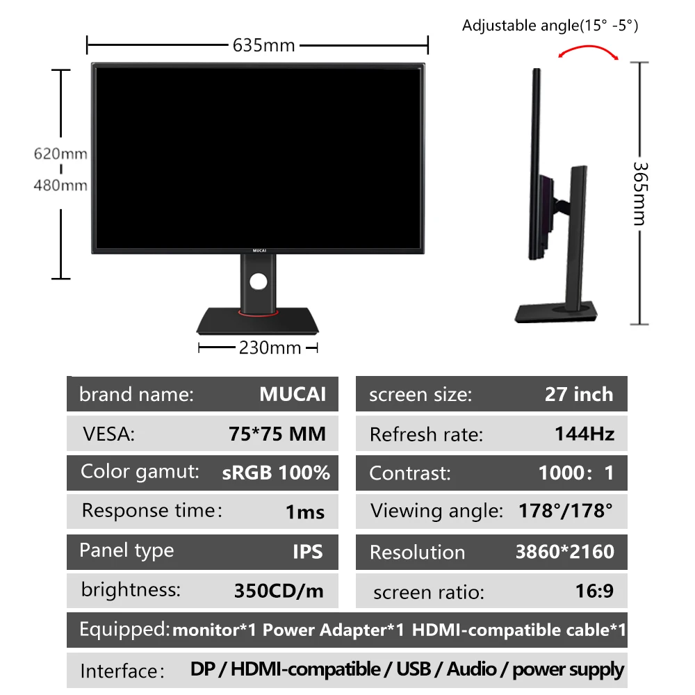 MUCAI 27 Inch 4K Monitor 144Hz Display IPS Desktop LED Gamer UHD Computer Screen HDMI-compatible 2.1/DP/3840*2160