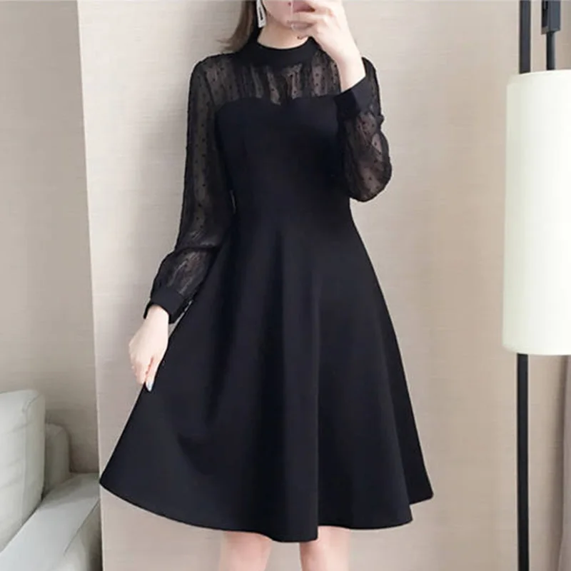 

Elegant Stand Collar Spliced Loose Gauze Lace Mini Dress Women's Clothing 2023 Autumn New Oversized Office Lady Princess Dress