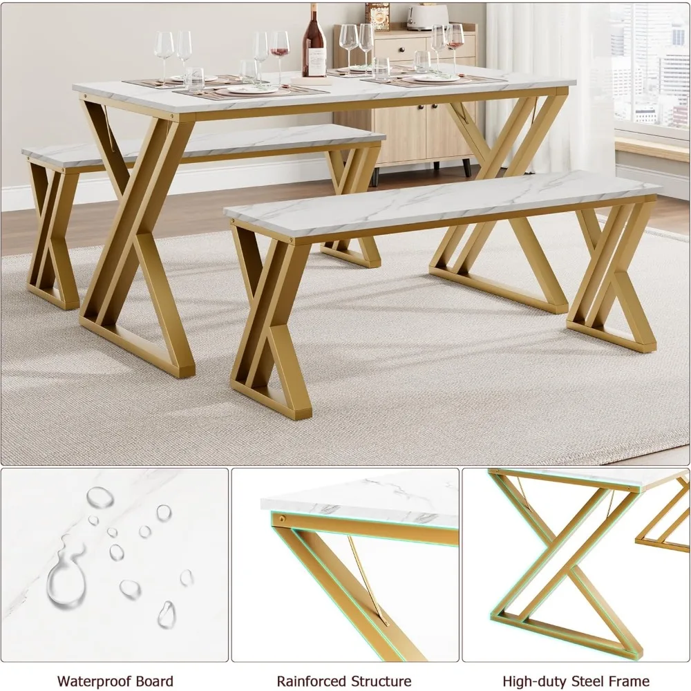 Conjunto de jantar de 4 lugares com mesa retangular e dois bancos, com tampo de mármore falso