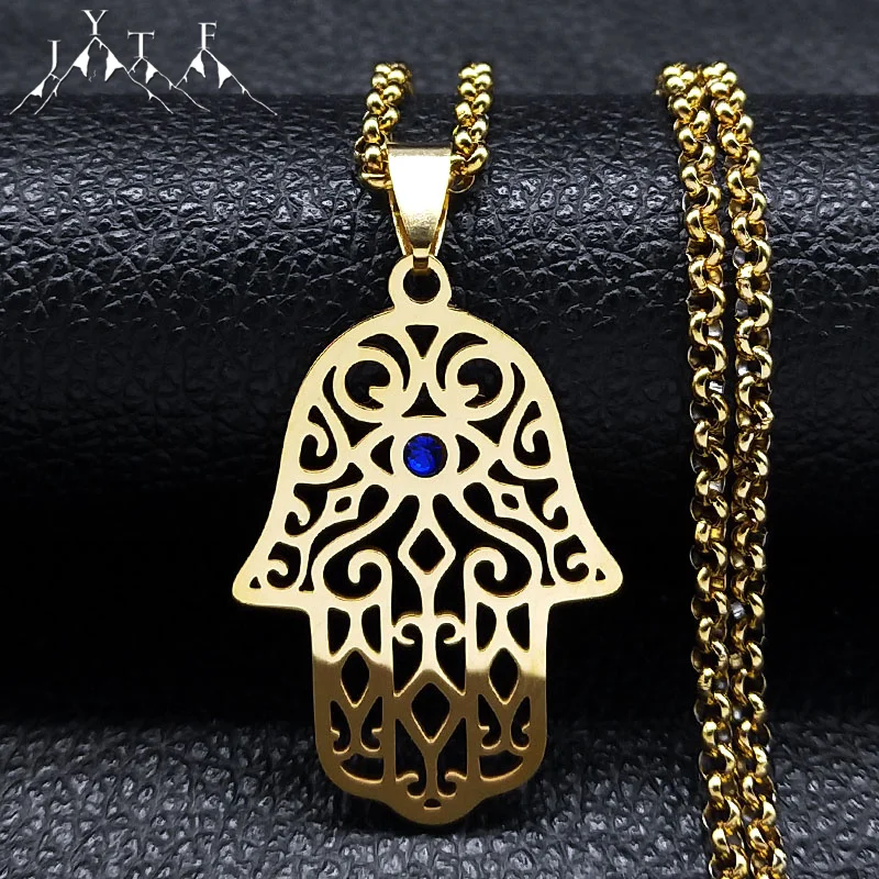 Vintage Arabic Hamsa Hand Pendant Necklace Stainless Steel Chain Hand of Fatima Choker Amulet Necklaces Islam Woman Jewelry Gift