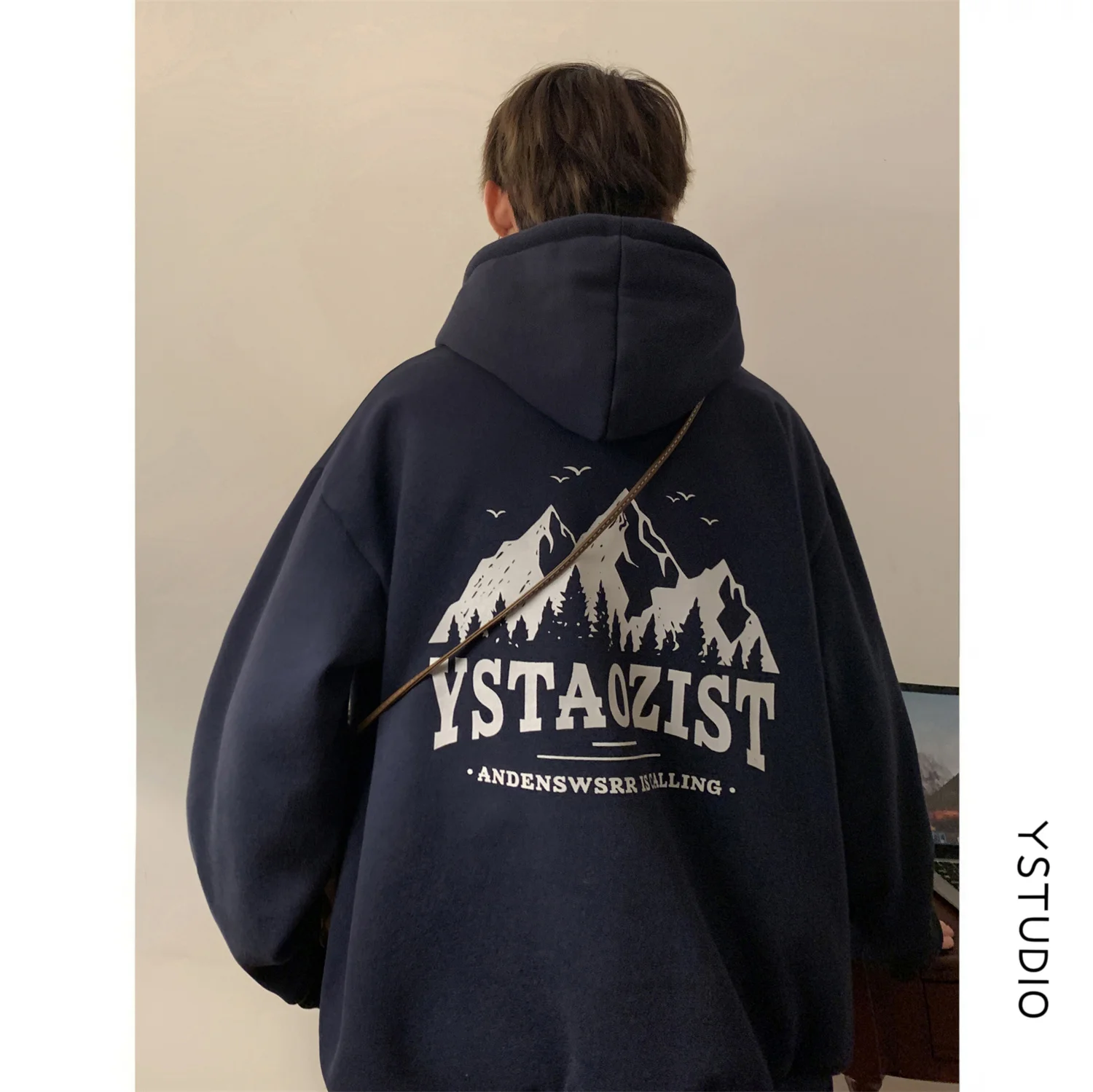 

Мужская толстовка с капюшоном на флисовой подкладке, теплая, в ретро-американском стиле, плотная, повседневная, для весны и осени