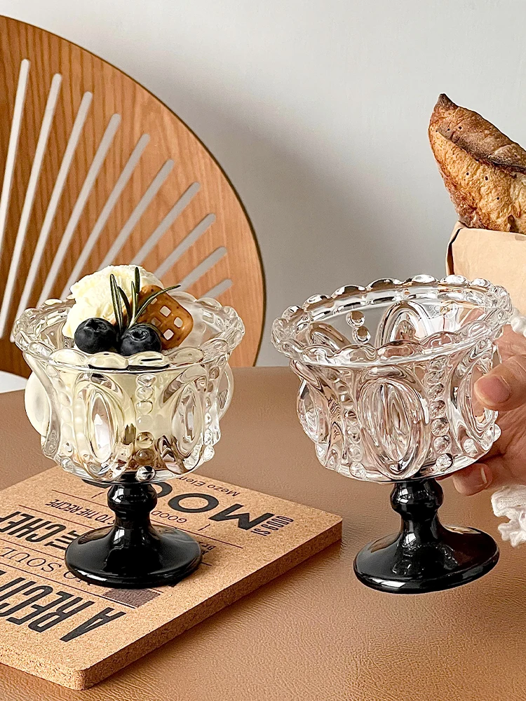 European Style Retro Embossed Tall Ice Cream Cups Glass Dessert Cups Cold Drinks Cups Pudding Mousse Cups High Appearance