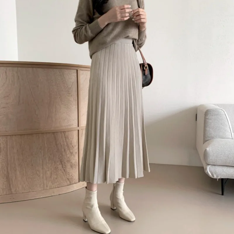 New Autumn Winter Knitted Pleated Skirt Women Woolen Elegant High Waist Big Swing A-Line Midi Skirts Warm Casual Jupe