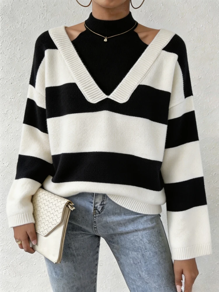 Women Elastic Knit Pullover Sweater Two‑Piece Mock Neck Striped Cut‑Out Shoulder Long Sleeve Loose Casual Ladies Daily Knit Tops