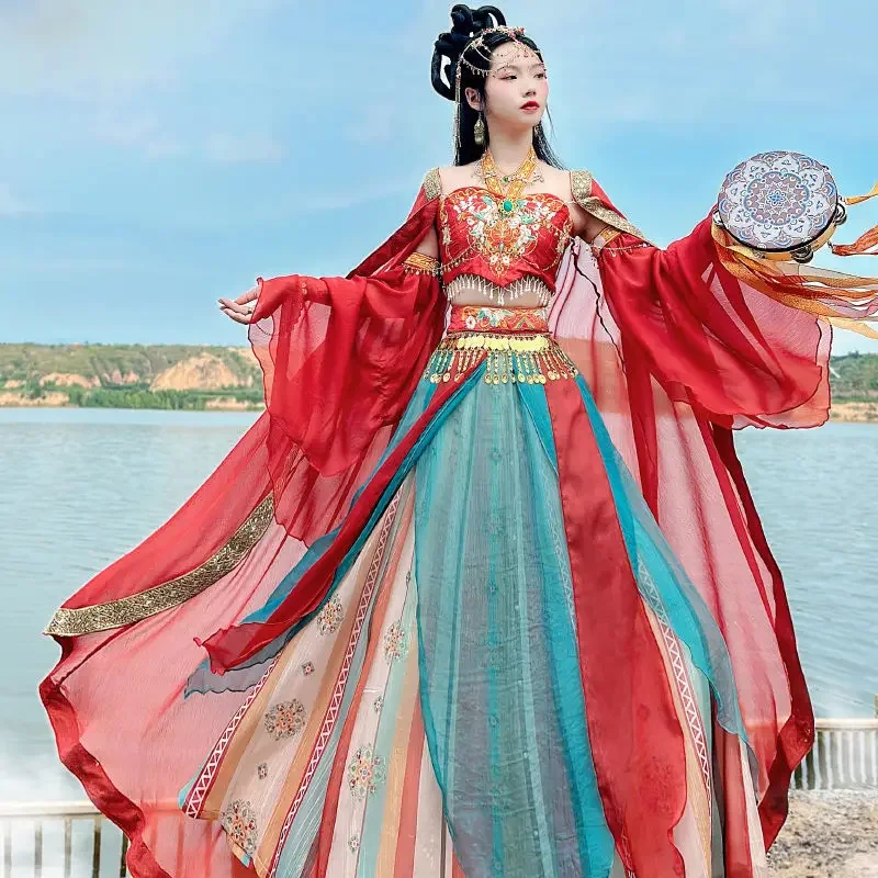 

Chinese Hanfu Female red Dunhuang exotic style Hanfu Han elements embroidery beaded clothing summer cosplay