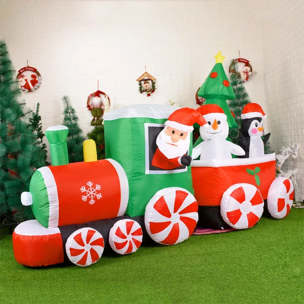 Christmas Decoration Inflatable Train Santa Claus Snowman Length 8.8ft Inflatable Toys with LED Lights Outdoor Garden Ornament