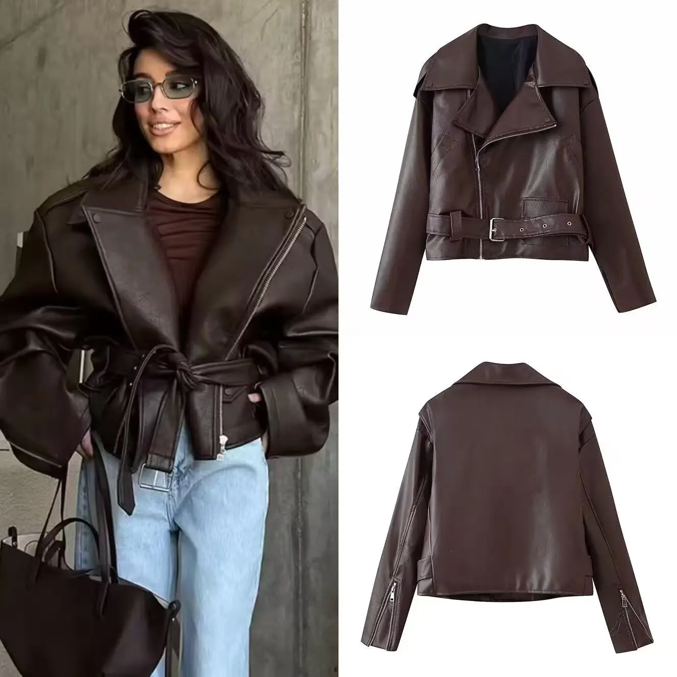 

Женская куртка из искусственной кожи, повседневная женская короткая кожаная куртка с воротником на молнии спереди, уличная байкерская куртка