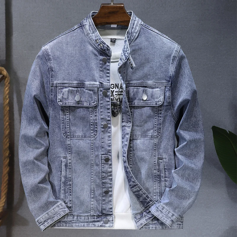 2026 new spring and autumn styles Solid color simple men's denim jacket Men's stand collar light blue denim jacket