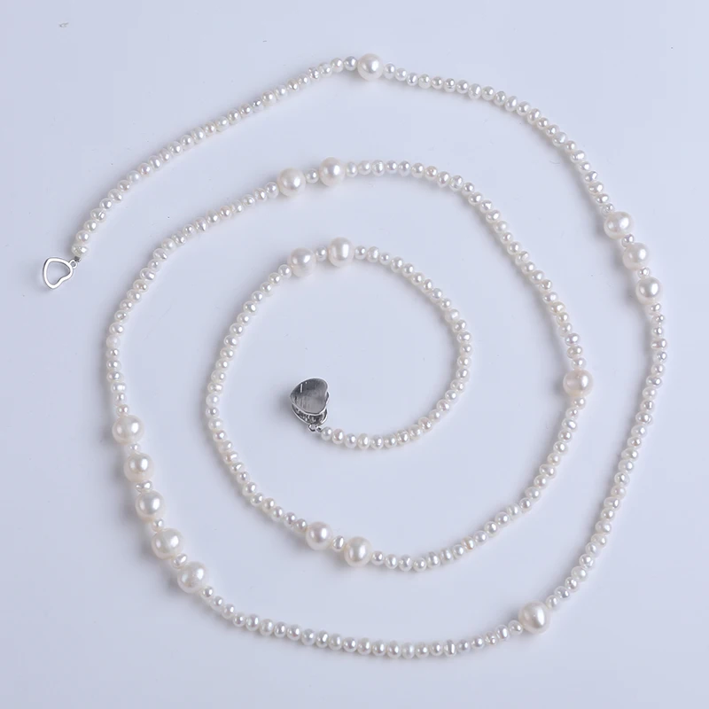 

3-4mm and 7-8mm White Potato Shape Freshwater Pearl Handmade Necklace Sweater Chain Jewelry