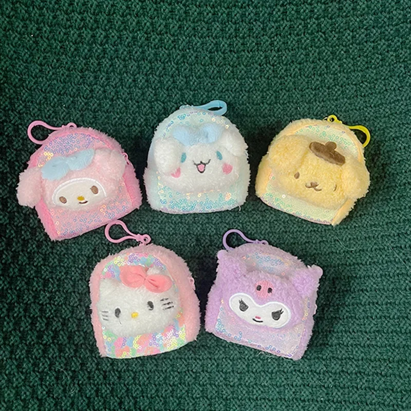 New 10pcs Sanrio Sequin Small Round Bag Kawaii Macaron Laser Sequin Plush Coin Purse Student Small Object Storage Bag Gift