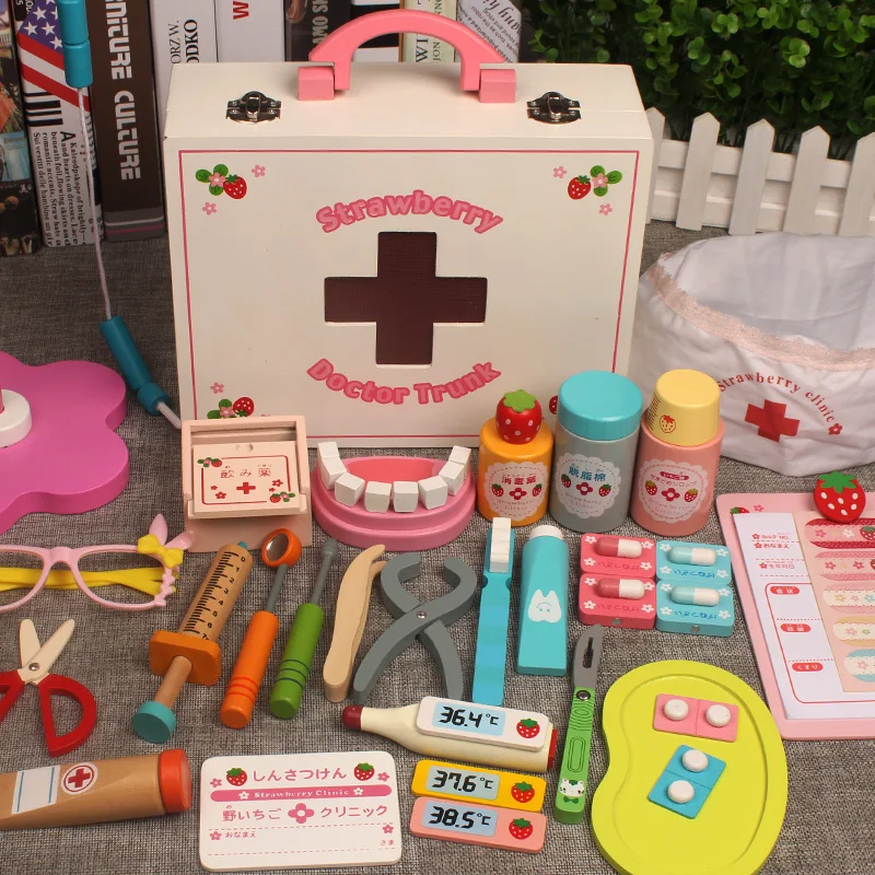 Crianças de madeira makeshift casa simulação caixa de medicina conjunto médico enfermeira menino menina bebê rpg brinquedo