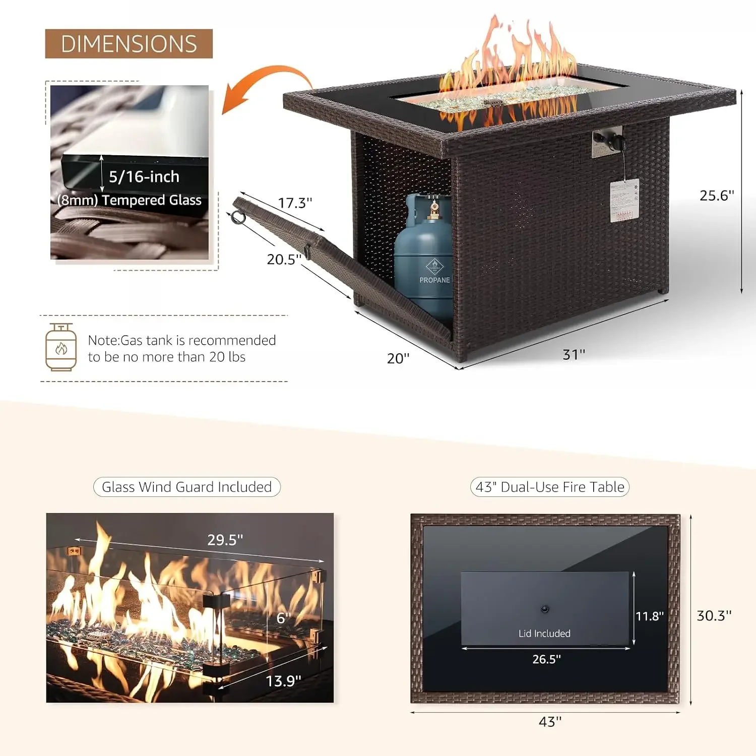 Wicker Outdoor Fire Pit Table Natural Gas/Propane, 43'' Rectangular Firepit Table for Outside, 60000 BTU Patio, Customized