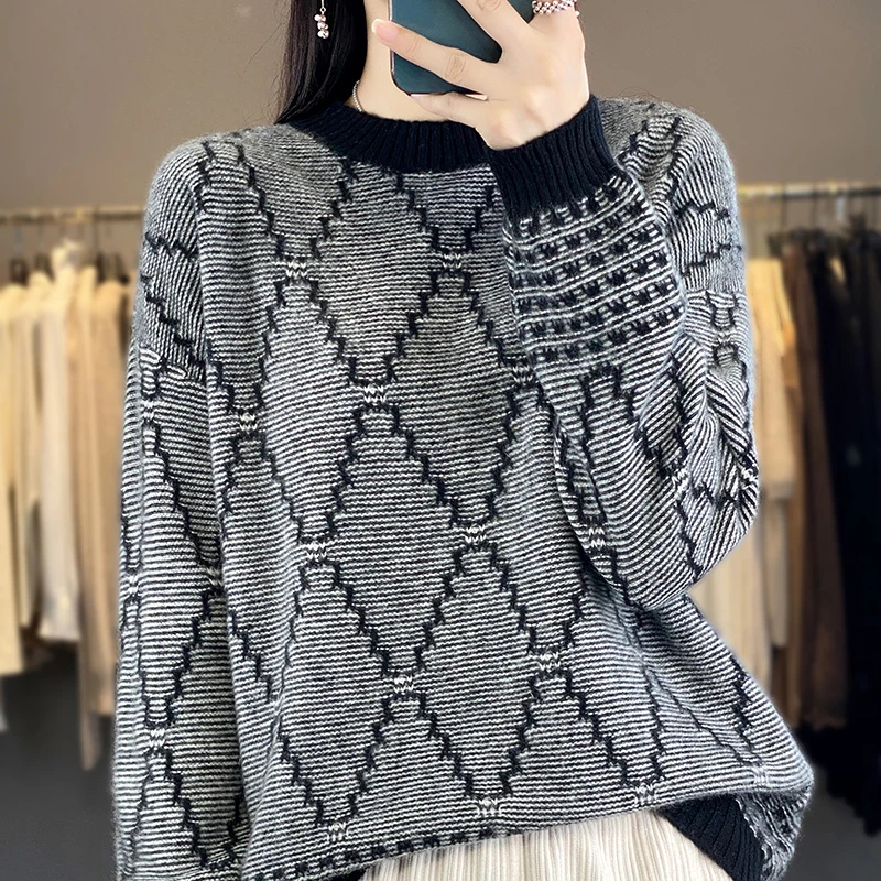 Autumn/Winter 100%Wool Sweater Thicken Pullover Women's Knit O-Neck Loose 100% Pure Wool Sweater New Product Clothing For Female