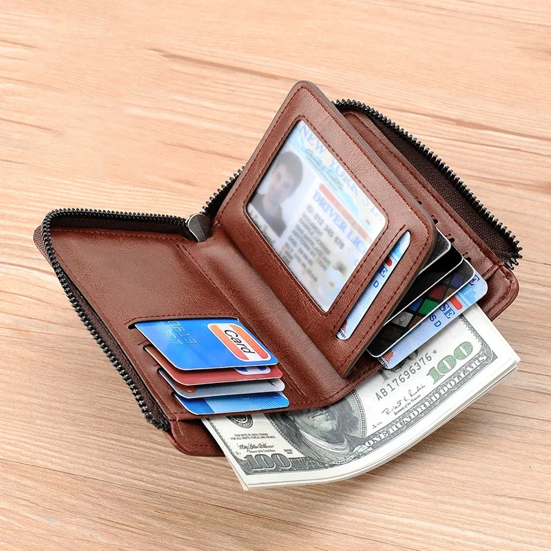 Luxury Designer Genuine Leather Men\'s Wallet RFID Zipper Card Holder Wallets for Men Portable Short Male Wallets Billfold