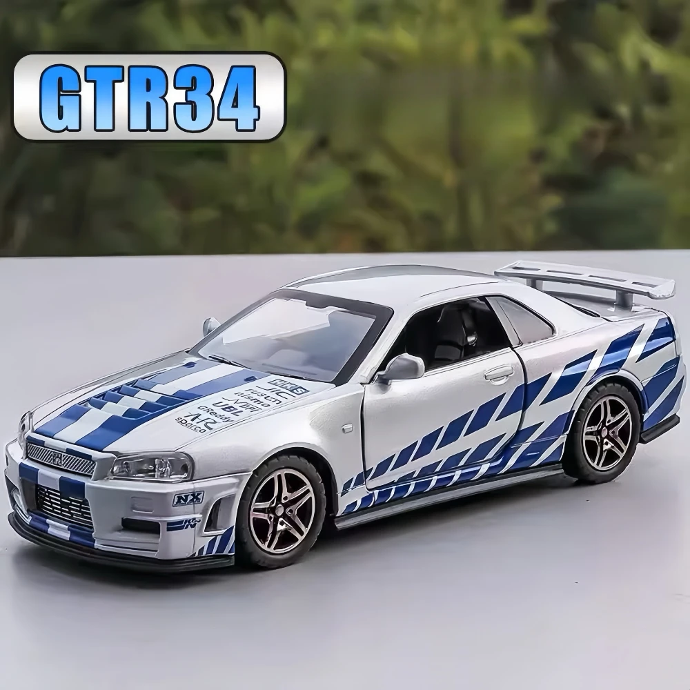 

1:32 GTR R34 GT-R50 Игрушка из сплава, литая под давлением модель суперкара, четырехколесная подвеска со звуковым светом, откатные автомобили для мальчиков, коллекционные подарки