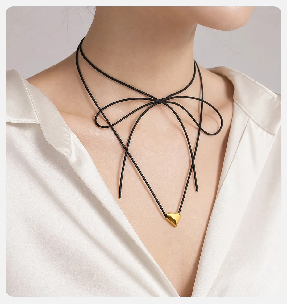 Vnox glänzende Tropfen-Herz-Anhänger-Halskette für Damen, unregelmäßige geometrische Metall-Wachsseil-Pulloverkette, Y2k-Schmuck – Detail 10