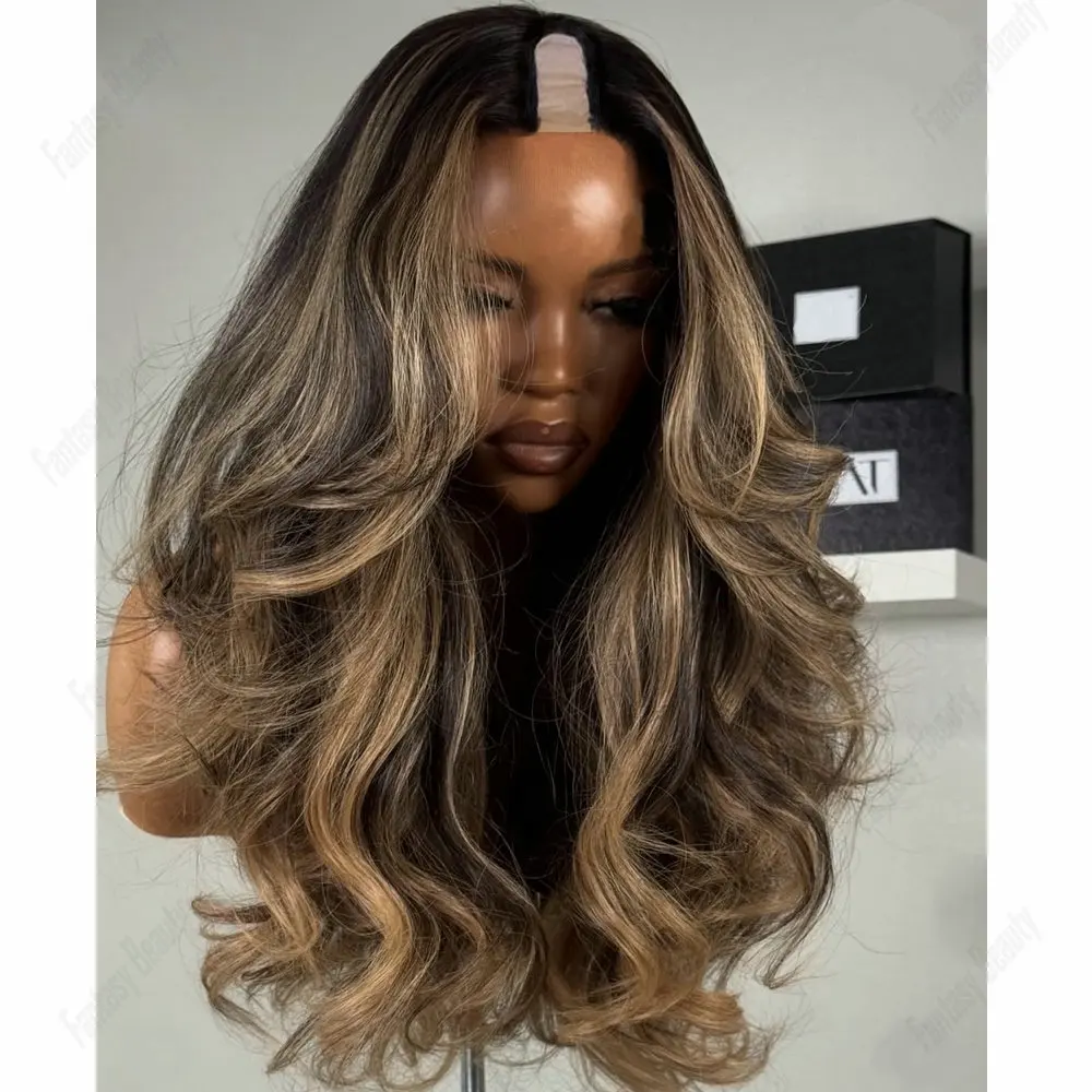 

Медовый блондин Highlight Европейские человеческие волосы 1x4 U/V Part Парик для чернокожих женщин Объемная волна Бесклеевые парики машинного производства Легко носить