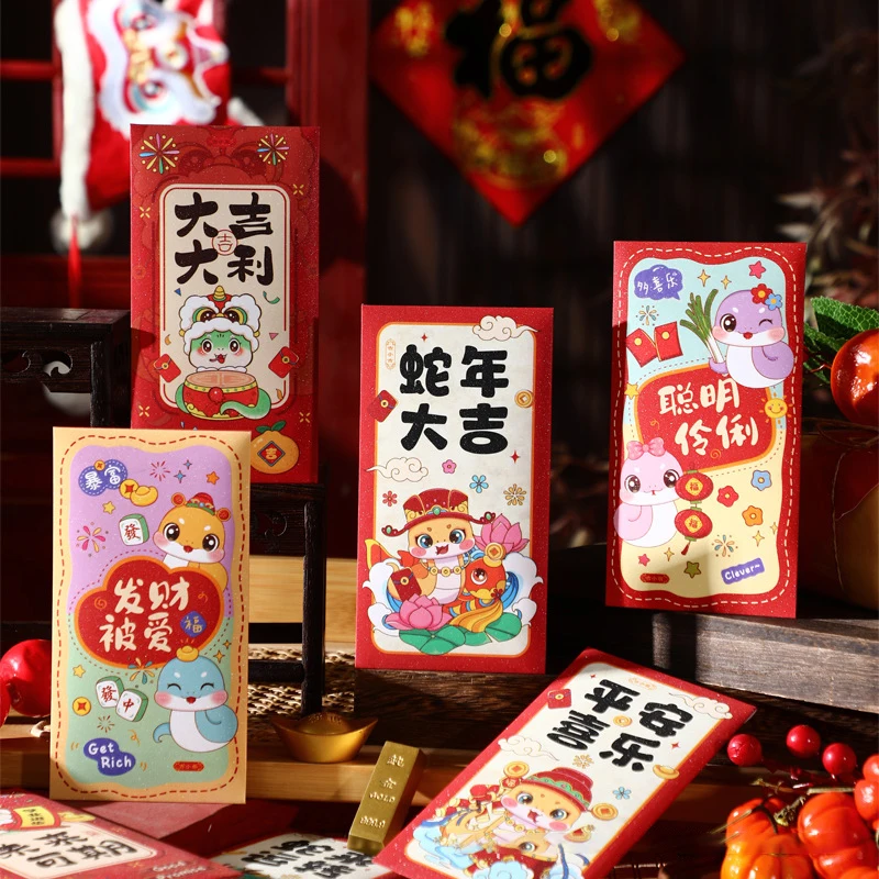 6Pcs 2025 Snake Year Red Envelopes Cartoon Cute Spring Festival Lucky Money Pockets New Year Red Packet