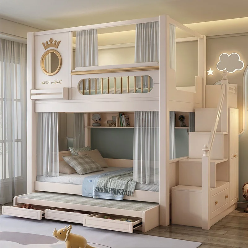 High-Guardrail Solid Wood Minimalist Bunk Bed for Children Double-Layer Parent-Child Compact Design Doesn't Interfere Each Other