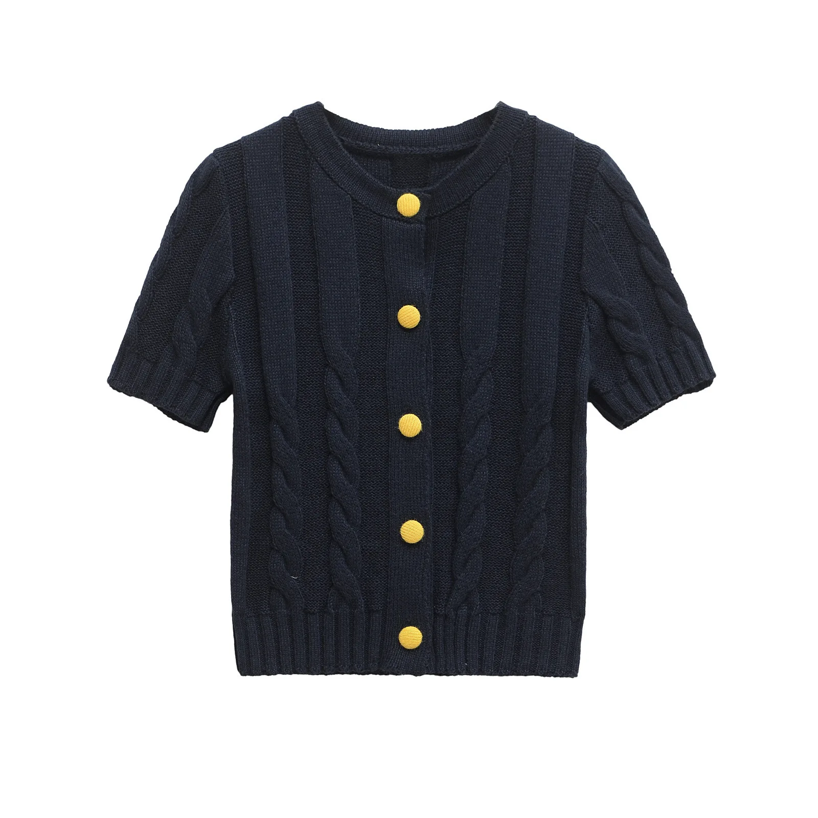 

ZBZA Women Slim Fit Cropped Cardigan Round Neck Short Sleeves Gold Button Elastic Hem Solid Casual Sweater Spring Summer New Top