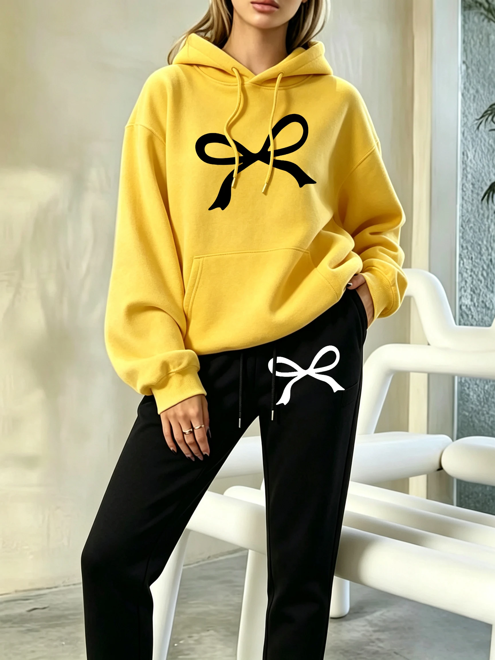 Creative Kawaii Bow Design Y2K Women'S Hoodie Set Autumn Drawstring Sportswear Fleece Pullover Casual Loose Female Sweatpants