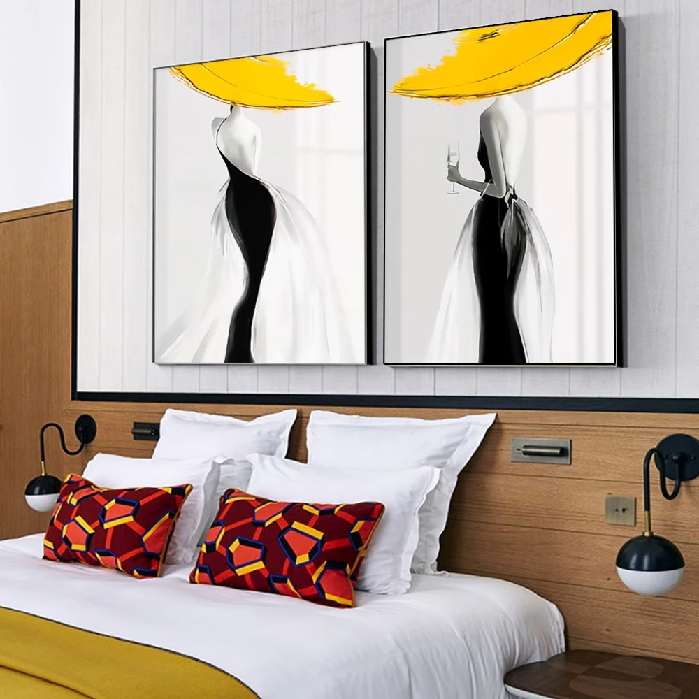 Modern Sexy Woman Yellow Hat Canvas Painting Abstract Nordic Luxury Artwork Posters Prints Living Room Wall Aesthetic Home Decor