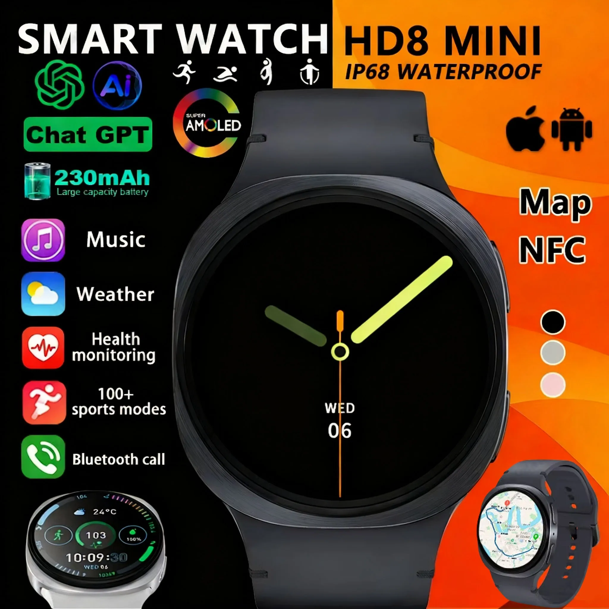 

Watches 8 Mini GPS Track Smart Watch For Men Women Health Sport AMOLED Heart Rate Bluetooth Call Waterproof Smartwatch 2026 New