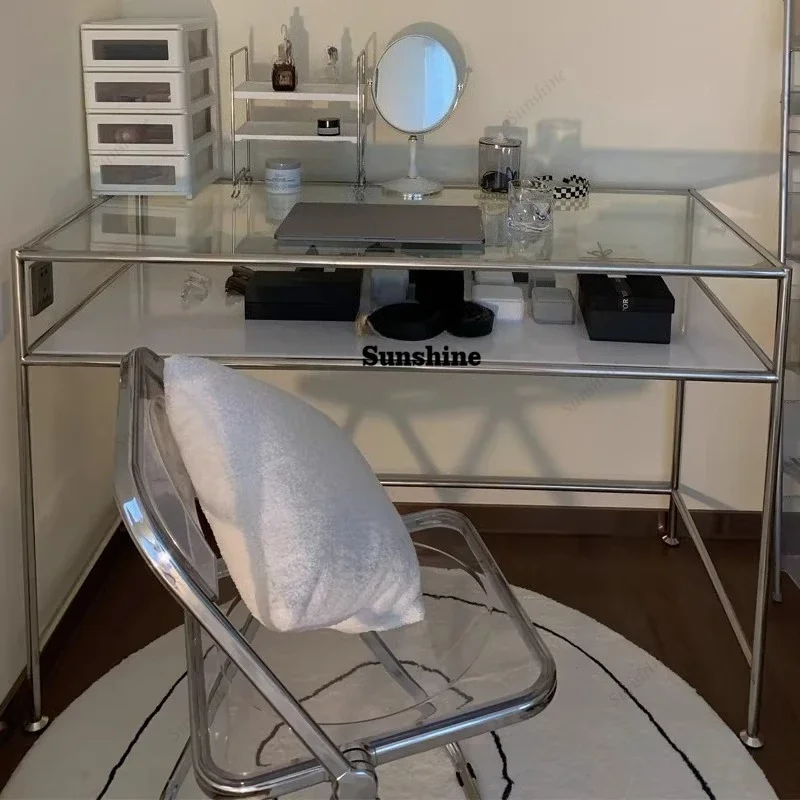 TDLight luxury glass office, computer desk, studio desk stainless steel tube