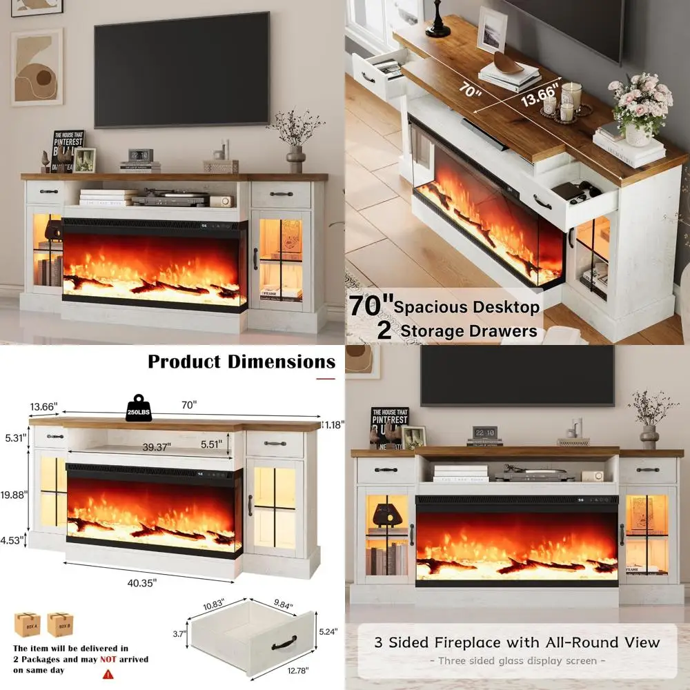 

Electric Fireplace TV Stand for 80-Inch TVs, 70 Entertainment Center with Adjustable Cabinets