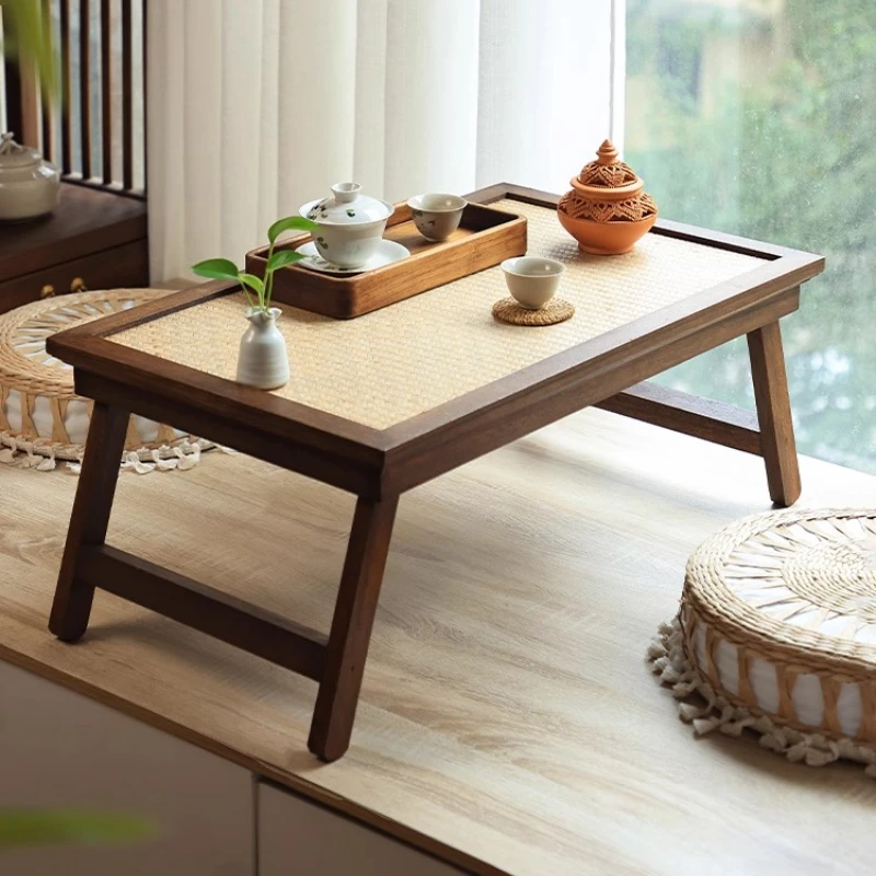 

Japanese Tea Tables Foldable Bamboo Weaving Tatami Desk Solid Wood Floor Table for Balcony Low Profile Coffee Table with Storage