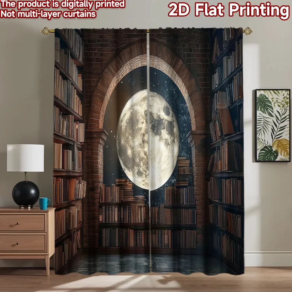 2D flat 2pcs Curtain Modern Minimalist Style Moonlit Library Arch Digitally printed polyester Festive Curtains Use for Yard &