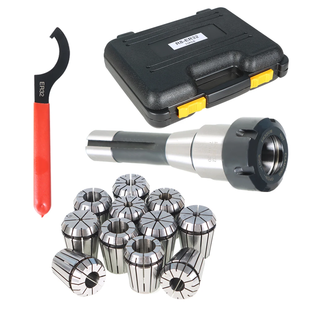 For Milling Machine's ER32 R8 Collet Chuck Holder with 11Pcs ER32 Collet Set and Wrench