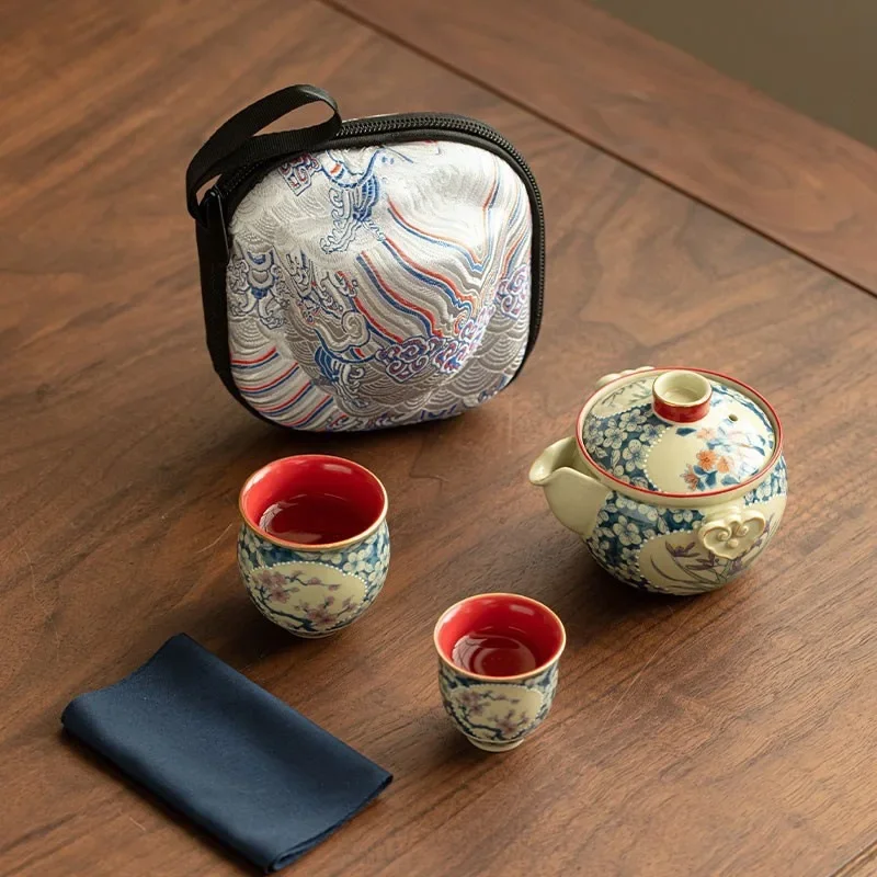 Camping Tea Accessories Tools Full Travel Tea Set One Pot Three Cups Outdoor Portable Travel Kung Fu Teaset Teapot Gongfu Set
