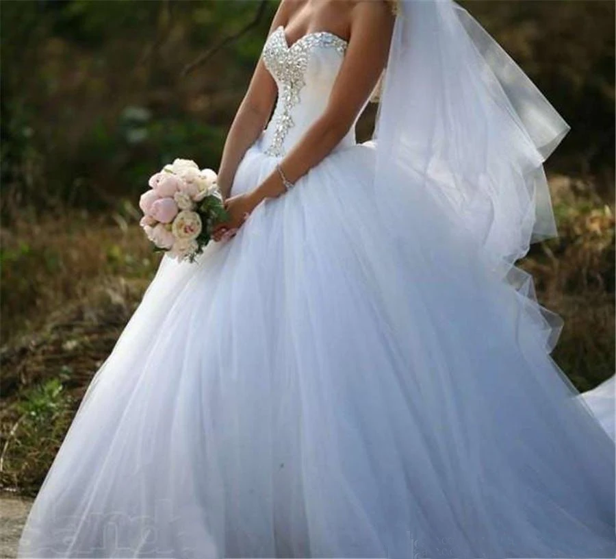 Shiny Rhinestones Crystal Beaded Sweetheart Organza and Tulle Wedding Dresses Princess Ball Gowns Bridal Dress Hot Sale