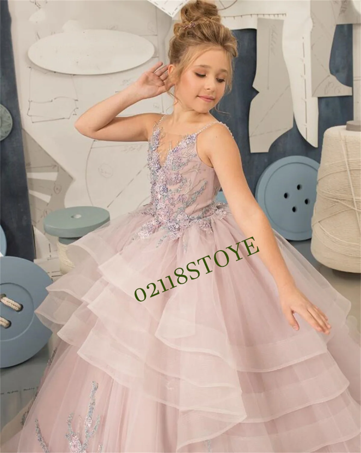 

Mint Kids Flower Girl Dresses Puffy Princess Dress Tulle Applique First Communion Dresses Pageant Gown