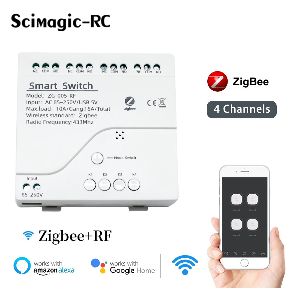 Смарт-выключатель Zigbee 3,0, 4 канала, 12 В, 24 В, 110 В, 220 В