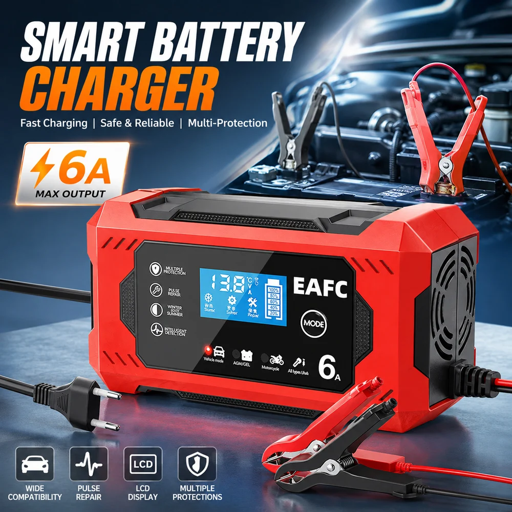12V 6A/10A Intelligentes Batterieladegerät für Blei-Säure-AGM-GEL-SLA-Nassbatterien, Auto-Puls-Reparatur-Desulfator mit LCD-Display, 4-100Ah, Überhitzungs-/Rücklaufschutz, CE/FCC/ROHS
