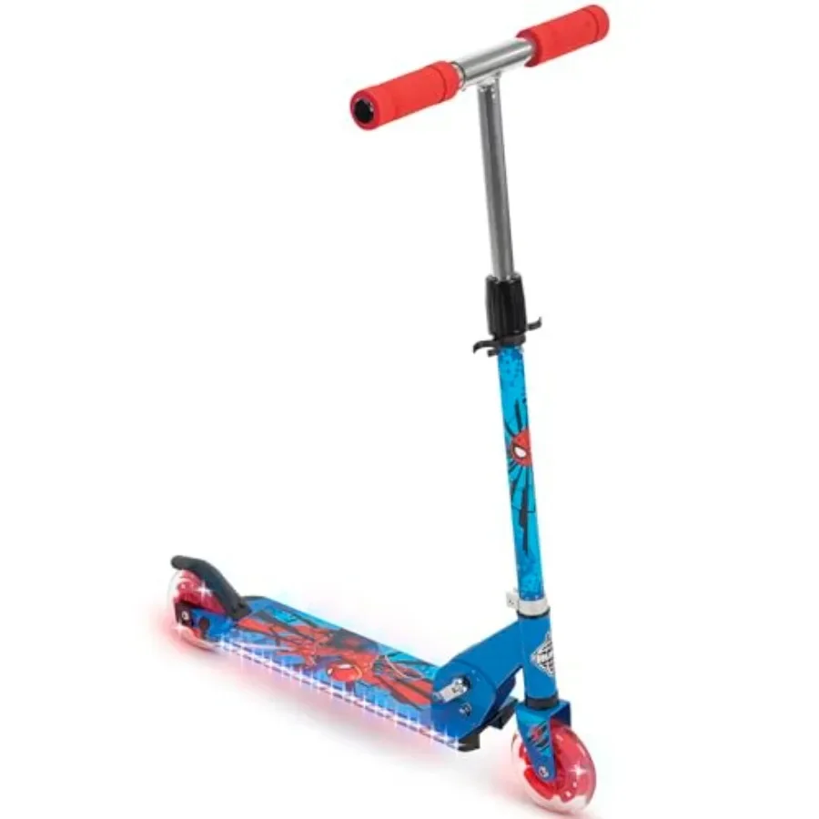 

' inline scooter for outdoor play, durable aluminum frame, blue and red, LED light-up wheels and rear brake for safety