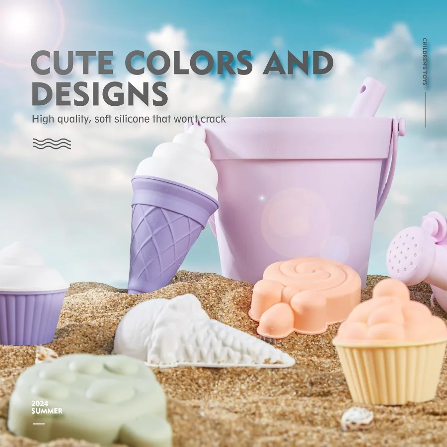 17 peças de brinquedos de praia de silicone, brinquedos de praia modernos para bebês, conjunto de praia amigável para viagens, balde de silicone, regador, pá, 12 moldes de areia,