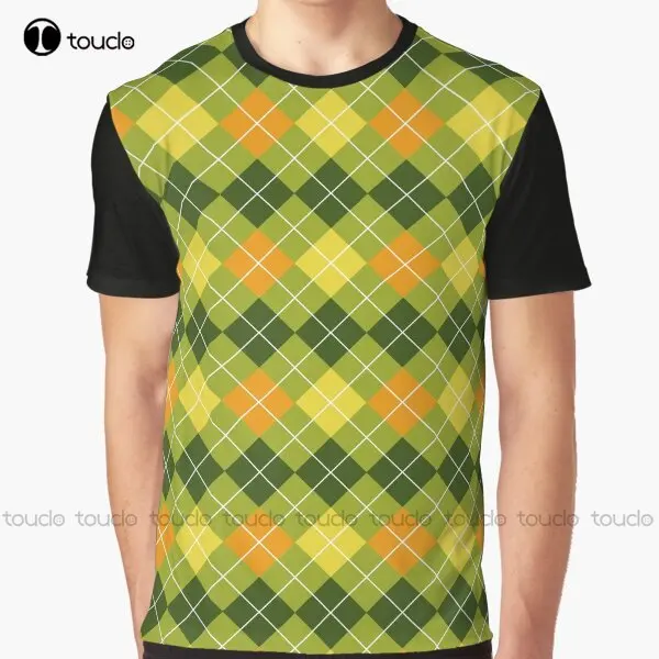 Yellow Orange And Green Argyle Pattern Graphic T-Shirt Men White Tshirt Digital Printing Tee Shirts Christmas Gift New Popular