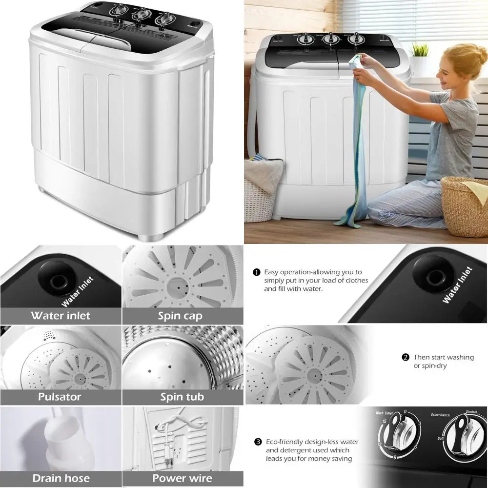 

Compact 13-Pound Mini Twin-Tub Washer with Spin Dryer - Black and White
