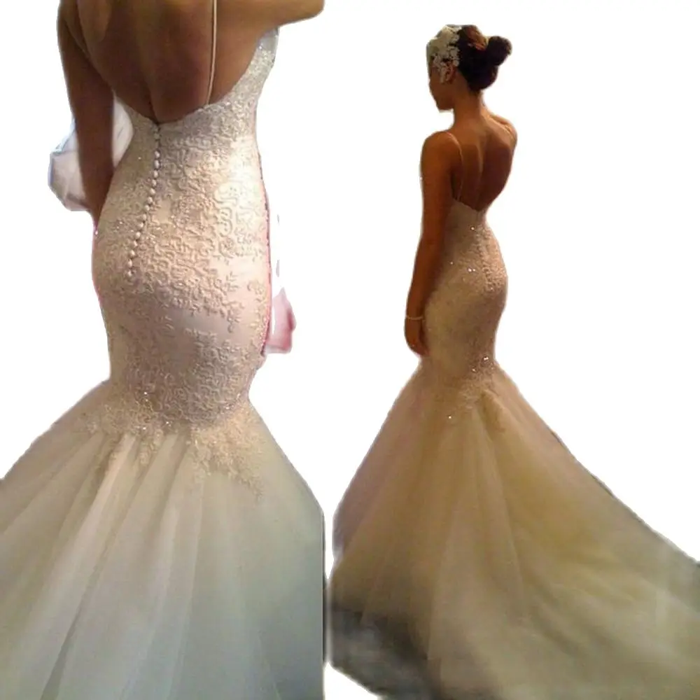 Nuevos vestidos de novia con tirantes finos de encaje sirena aplique de vestidos de boda lentejuelas espalda abierta tren de corte vestidos de novia 2020