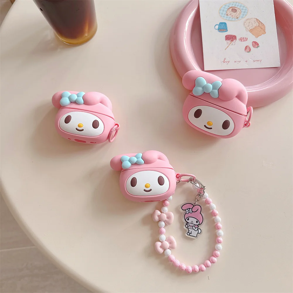 

Kawaii Melody 3D Earphone Case Cover For Apple Airpods 4 3 2 cover Pro 2 Pro 3 Case With Chain Charm Headphone Silicone Fundas