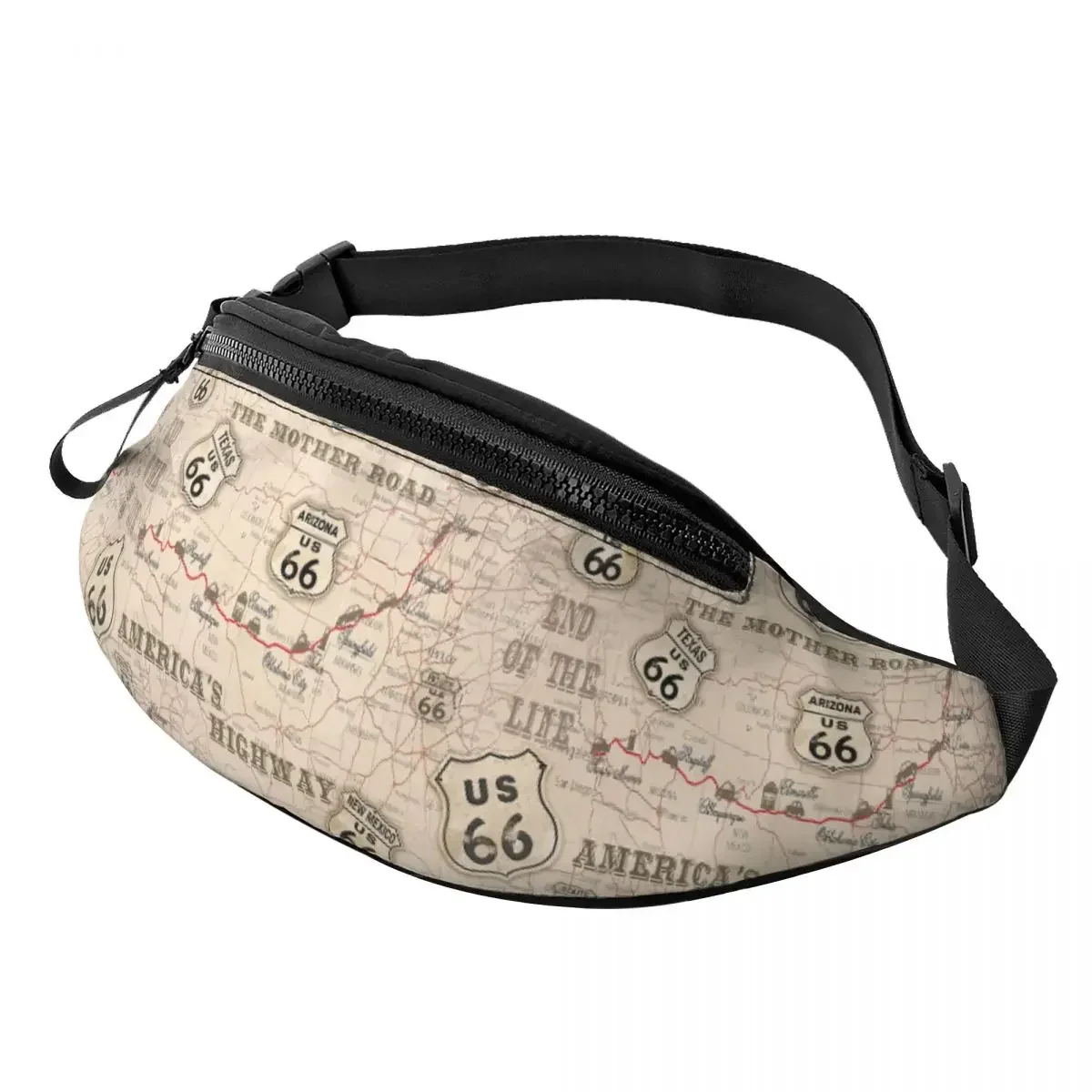 Vintage American Map Route 66 Pattern Fanny Pack for Cycling Camping Women USA Highways Crossbody Waist Bag Phone Money Pouch