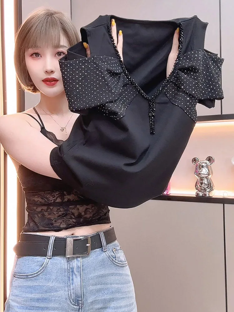 

Women's Short Sleeves Tassels Design V-neck Tees New Tops High Quality Summer Sexy Off Shoulder Chic Beading T-shirt