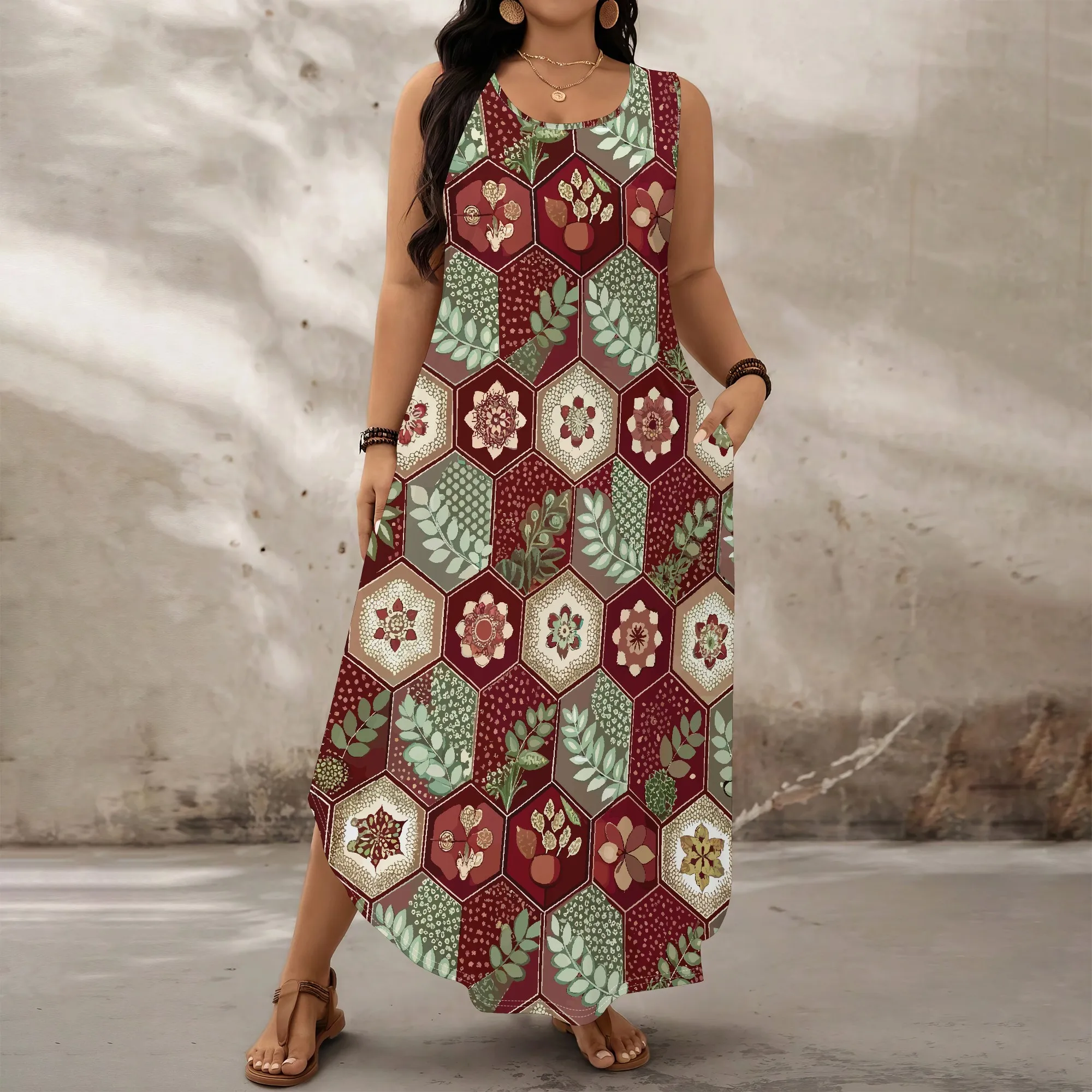 

Plus Size Patchwork Print Boho Women's Sleeveless Maxi Dress with Pockets for Thanksgiving XL-6XL