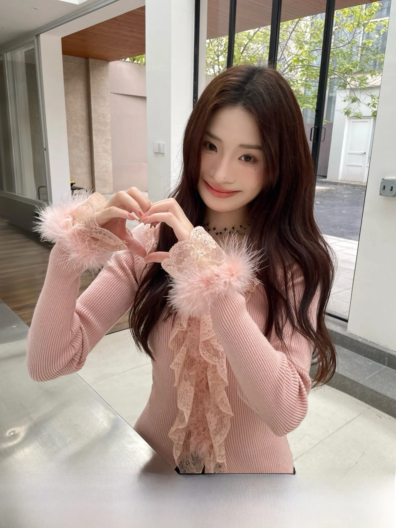 

Ukilau Sweet Gentle Pink Unique Design Knitted Sweater Women's Split Base Layer Winter Long Sve V-Ne Top