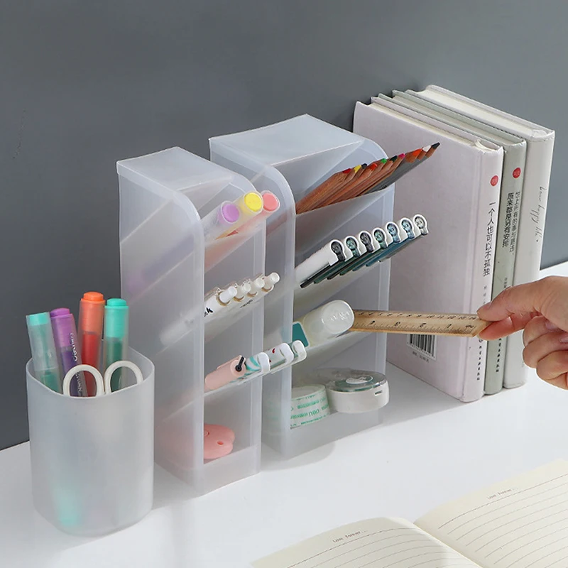 Transparent Frosted Pen Holder Multi-functional Stationery Storage Box Desktop Inclined Makeup Brush Lipstick Storage Box