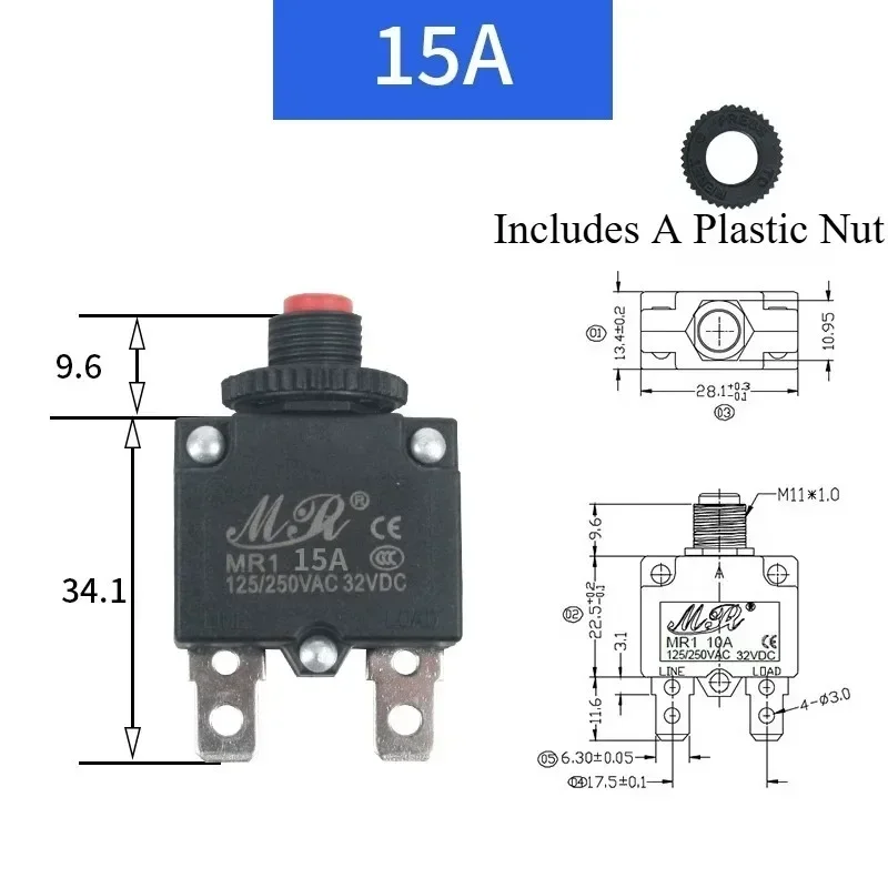 1Pcs Circuit Breaker+Waterproof CAP 3A,4A,5A,6A,7A,8A,10A,15A,18A,20A,25A,30A Thermal Switch Overload Protector Push Button
