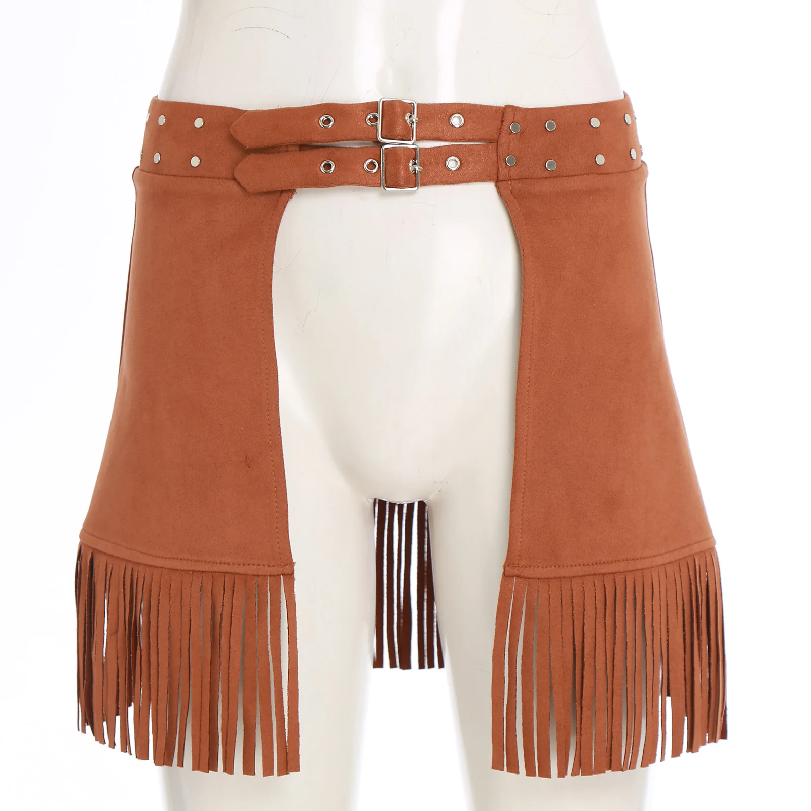 

Women Western Cowgirl Faux Suede Fringe Skirt 70s Double Buckles Rivets Waist Front Open Tassel Trim Miniskirt Cosplay Clubwear